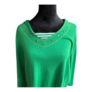 QVC Quacker Factory 3/4 sleeve Women's Green top with Stars and Stripes Sz ‎ XL